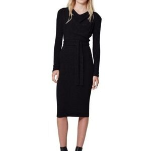 Black Knit Midi Dress Long Sleeve Belted Cowl Neck - Elegant Size‎ 6